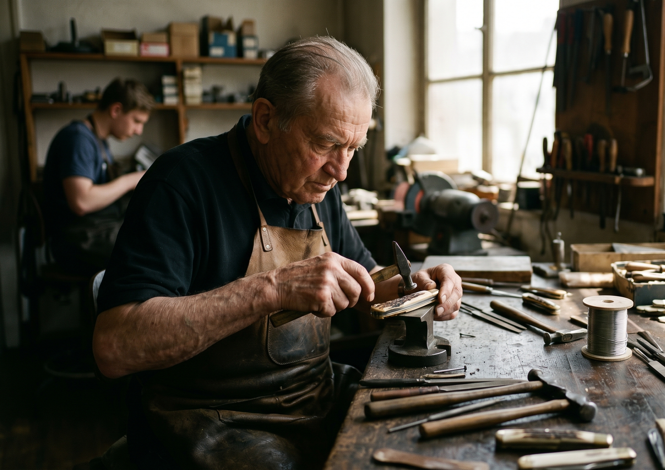 Craftsman working at workbench in workshop